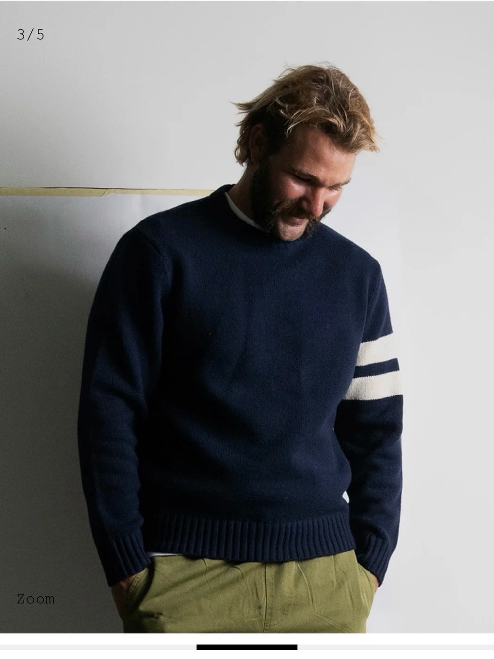 Birdwell Beach Britches Navy Crewneck Sweater White Sleeve Stripes Elbow Patches